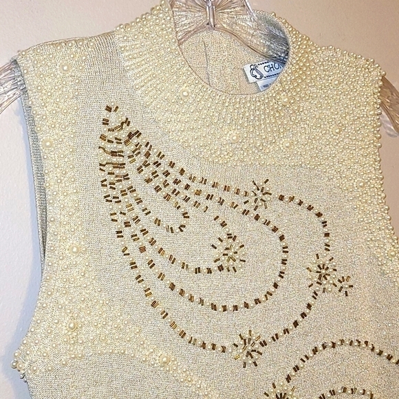 Choice | Vintage Silk Blend Beaded Sleeveless Mock Neck Sweater (Size Medium) - Picture 5 of 12